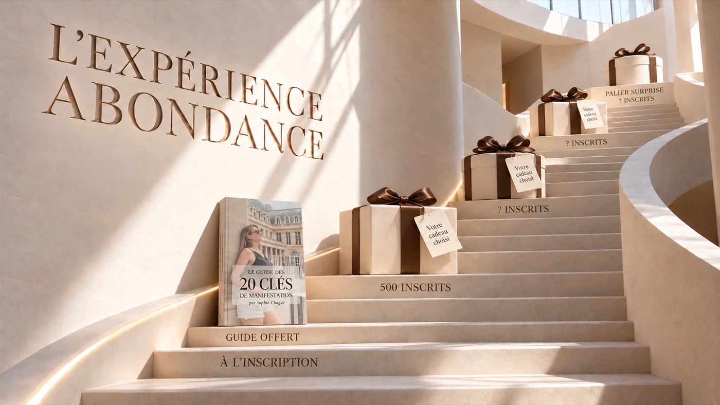 L'Expérience Abondance : le guide offert à l'inscription, puis un cadeau à chaque palier, jusqu'au palier surprise